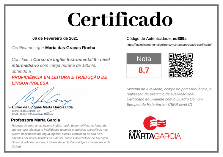 Curso de Ingles Instrumental Online Marta Garcia - Certificado